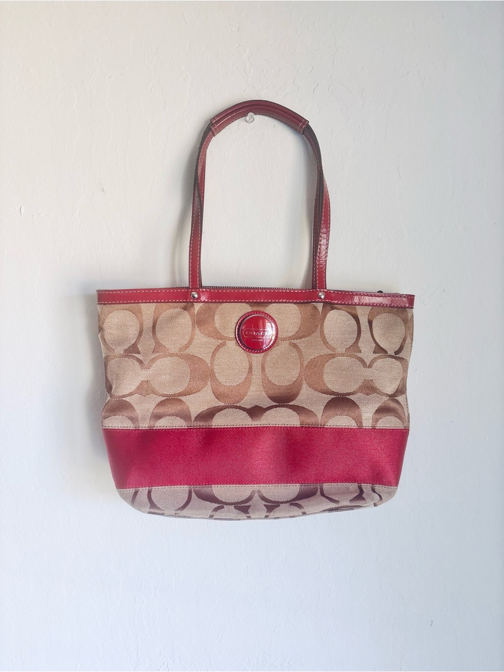 Coach Signature Canvas Tote Tan with Cranberry Red Trim